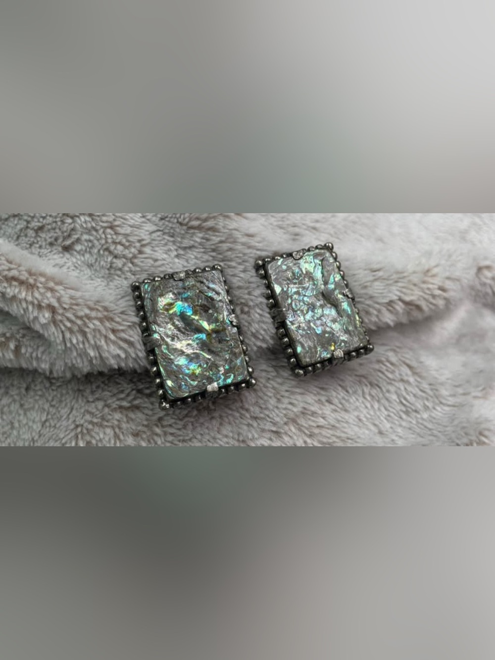 Silver Abalone Rectangle Stud Earrings - Iridescent Gray